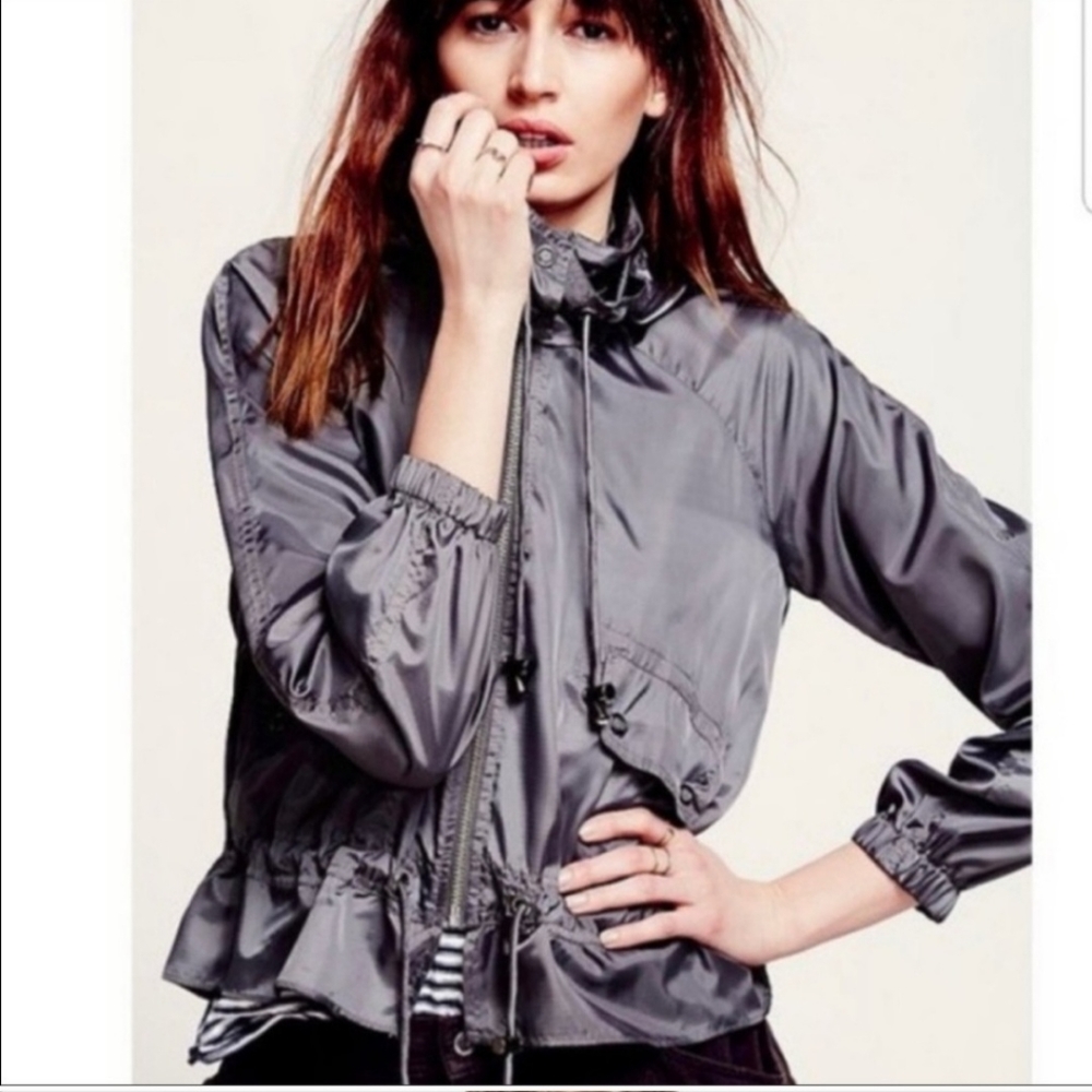 Free People Gray Drawstring Windbreaker Jacket